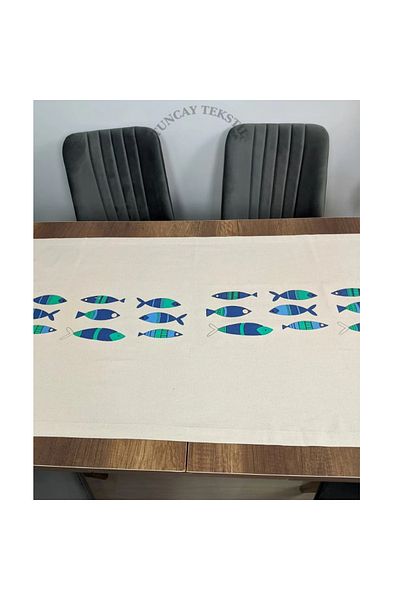 TUNCAY TEKSTİL Blue Fish Printed Linen Runner - Față de masă din in de lucru Ranir Fish Buldan