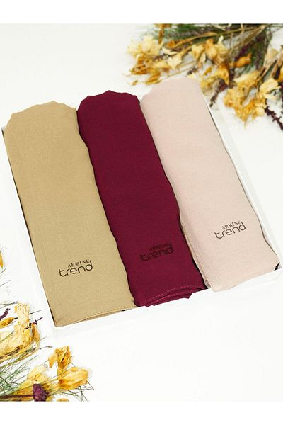 Armine Trend Crinkle Chiffon Shawl - Atskrn - Set of 3 - Kraft Color, Brown, Claret Red