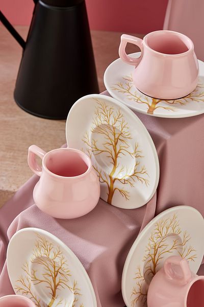 Babion Plump Ginkgo 12 Piece Luxury Ceramic Lilac Coffee Cup Set for 6 People, Turkish Coffee Cup