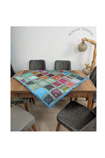 TUNCAY TEKSTİL Hint Işi Karma Renkli Kırkyama Runner Mavi Dekoratif Örtü Pullu El Işi Kırk Yama Ranır Masa Örtüsü
