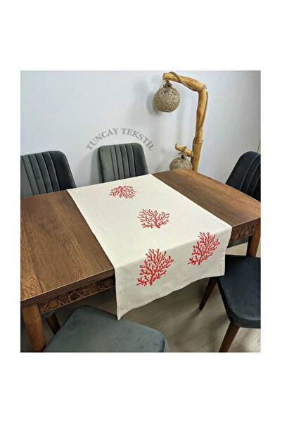 TUNCAY TEKSTİL Kırmızı Mercan Baskılı Keten Runner - Ranır Mercanlı Buldan Işi Keten Masa Örtüsü