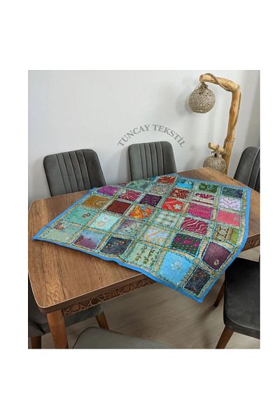 TUNCAY TEKSTİL Indian Work Mash Color Patchwork Runner Μπλε Διακοσμητικό Κάλυμμα Παγιέτα Χειροποίητο Τραπεζομάντιλο Σαράντα Patch Ranır