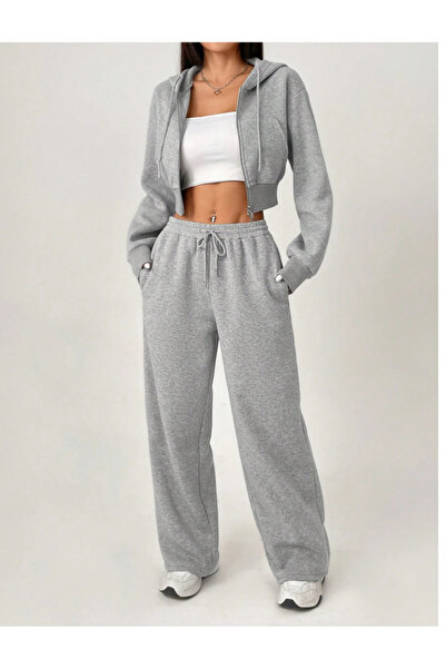 CAONNES Kadın Gri Büyük Beden Spor Giyim Kaliteli Baggy Bol Kesim Esnek Rahat Kumaş Eşofman Altı ŞAHMODAfgh4