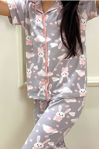 EQRU Girl's Shirt Collar Buttoned Rabbit Print Short Sleeve Pajamas Set