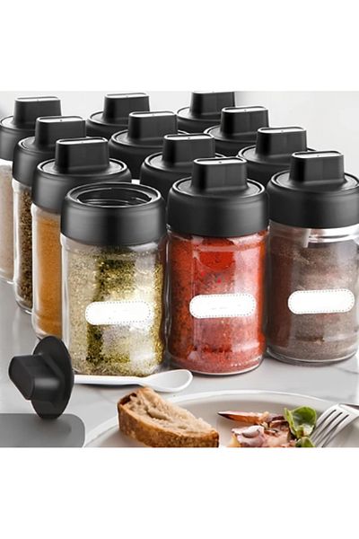 abenim 3-Piece Spice Holder Set with Matte Lid and Spoon - 330 ml - Glass Jar