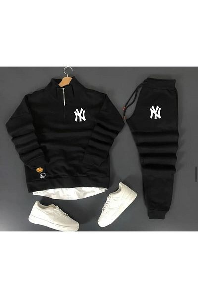 YOHO SPORT EL-Sİ Winter Gray Color Jacket NY Printed Hooded Jacket Unisex Tracksuit Set