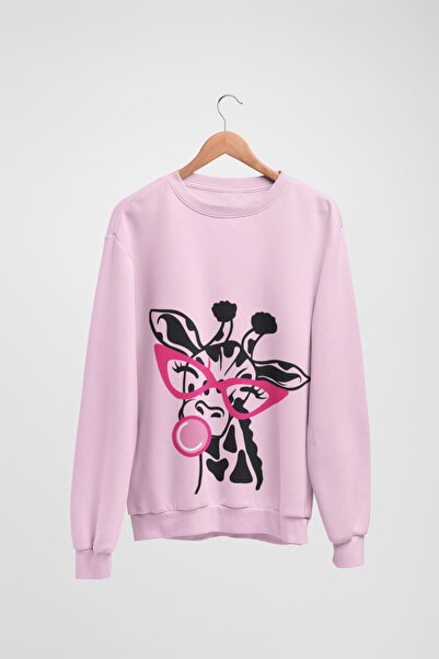 Butik سويت شيرت نسائي/فتاة بأكمام طويلة و2 خيط مطبوع عليه زرافة مع رقبة دائرية