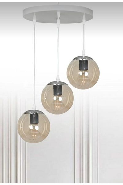Semboldekor White 3-Piece Clamp Glass Silver Detailed Pendant Chandelier (Honey Glass)