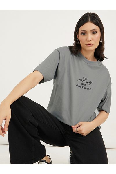 Styli Oversized Slogan Embroidered Short Sleeve T-Shirtâ€‹