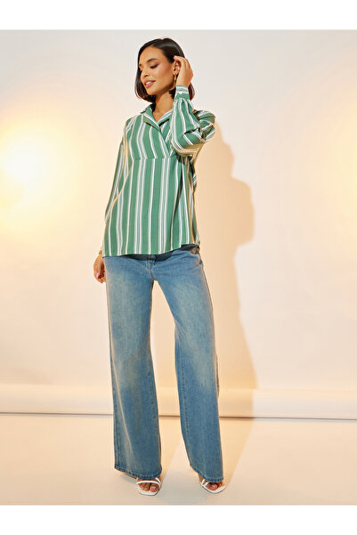 Take Two By Styli بلوزة مخططة بأكمام طويلة وفتحة رقبة على شكل طية صدر