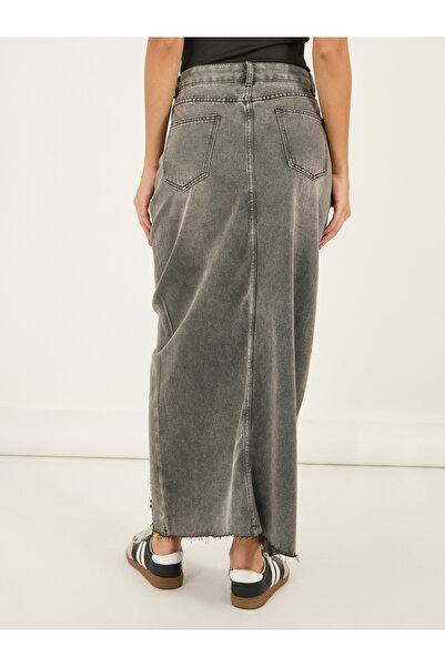 Styli Ripped Hem Denim Maxi Skirt with Front Slit Detail