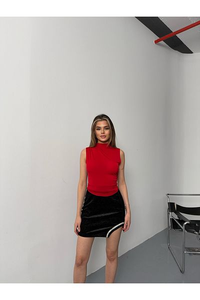 BEJNA Women's Red Sleeveless Drawstring Detailed Stand Collar Blouse