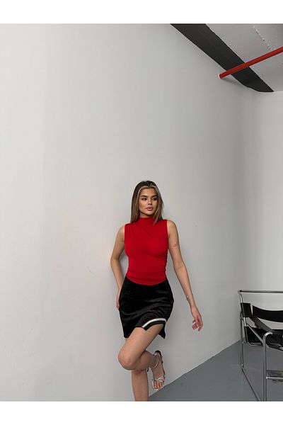 BEJNA Women's Red Sleeveless Drawstring Detailed Stand Collar Blouse