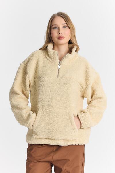 DAMGA JEANS Women's Oversize Half Zipper Cream Sweatshirt