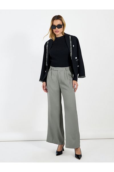 Styli High Rise Pleat Front Detail Wide Leg Pants
