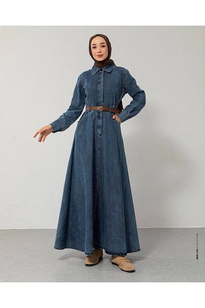 lariva Hijab Clothing. Belted Shirt Neck Long Jeans Dress with Buttons on Collar