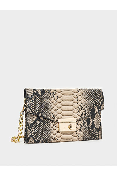 Styli Snakeskin Print Clutch Bag with Chain Strap