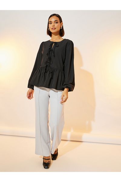 Take Two By Styli Tie-Up Front Peplum Top with Volume Sleeves