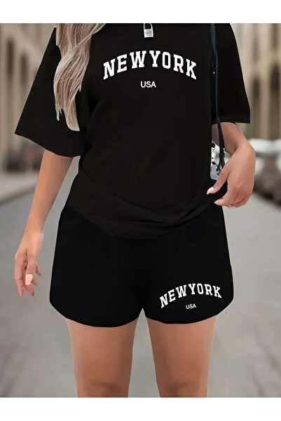 Frisson طقم رياضي نسائي - تي شيرت وشورت سريع الجفاف - طباعة نيويورك - XXS-7XL