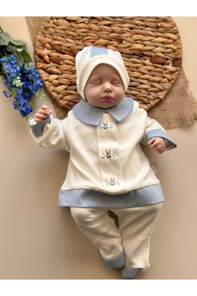 Mama Miel Baby Mavi Tavşanlı Alt Üst Şapka Takım - El İşi Serisi 1