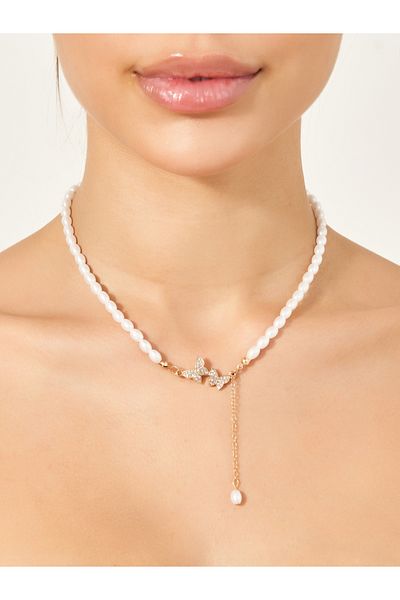 Styli Faux Pearl Necklace with Butterfly Accent