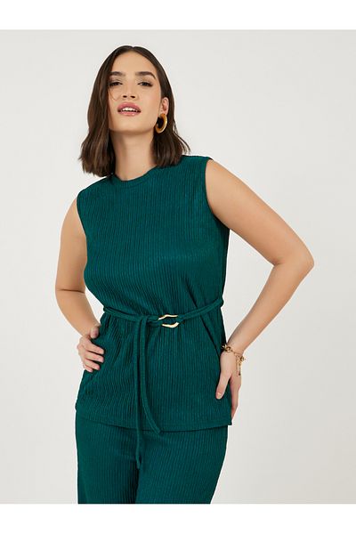 Styli Crinkle Knit Sleeveless Top & Straight Leg Pants Co-Ords