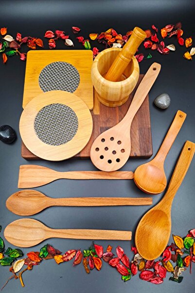 SWENCRAFT Wooden Kitchen Serving Spoon Spatula Ladle Havan Trivet Colander Set of 10 Dowry Special for Mothers