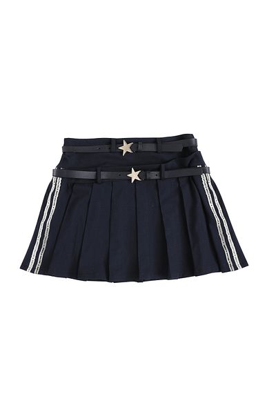 Quzu Belt Detailed Pleated Mini Skirt Navy Blue