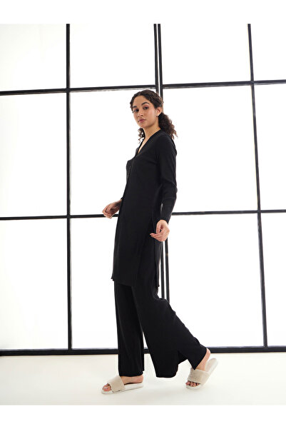 Sassafras By Styli Ribbed Button Placket Shrug & Wide Leg Pants Co-Ords