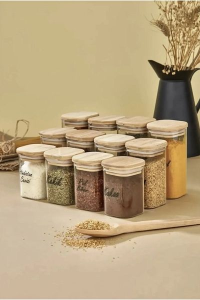ŞAKİLATA CONCEPT 200-250-300 ml Capacity 12-Piece Storage Set with Wooden Lid - Acrylic Label
