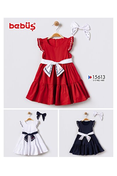 Bebüş Вишивка з деталями, з бантиком, плісирована, біла сукня для дівчинки - 15613