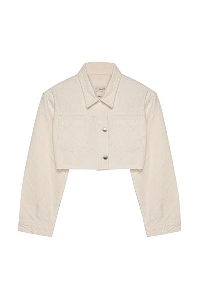 Quzu Cream Color Crop Denim Jacket - Knitted Detail and Buttons