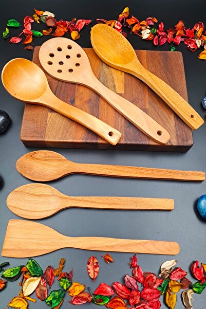SWENCRAFT Doğal Ahşap Mutfak Servis Kepçe Kevgir Kaşık Spatula 6 'lı Set El Işçiliği Annelere Özel