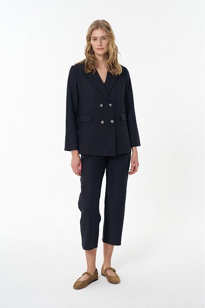 Quzu Double Breasted Lapel Double Button Blazer Jacket Navy Blue