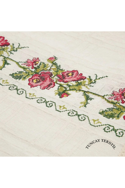 TUNCAY TEKSTİL Bej Kanaviçeli Dantelli Pamuklu Buldan Bodrum Yatak Örtüsü Takımı