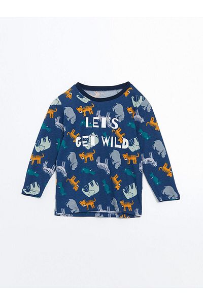 LC Waikiki Lcw Kids Navy Blue Printed Boys Pajama Set with Elastic Waist