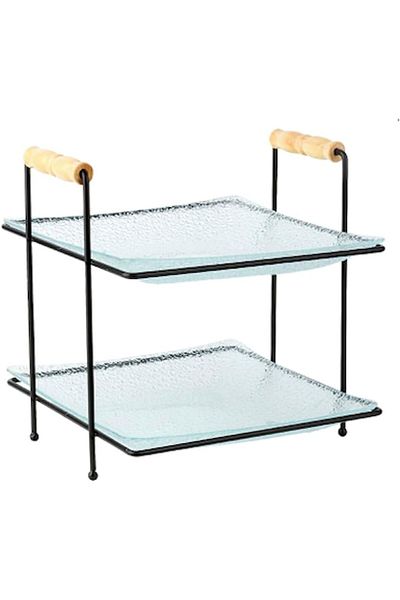 ORCHID 2 TIER SQ GLASS SERVING PLATE WITH STAND
