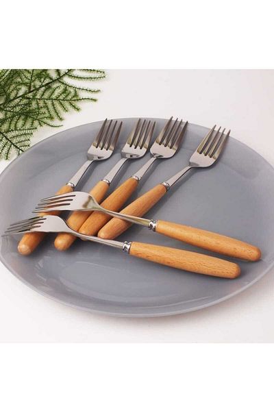 elfnur 6 Pieces Bamboo Handle Steel Dinner Forks