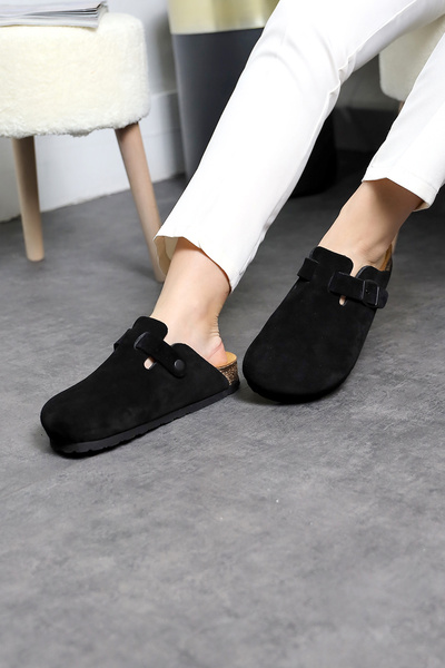 Land of Cork Siyah Anatomik Unisex Sabo Mantar Tabanlı Hakiki Deri Terlik
