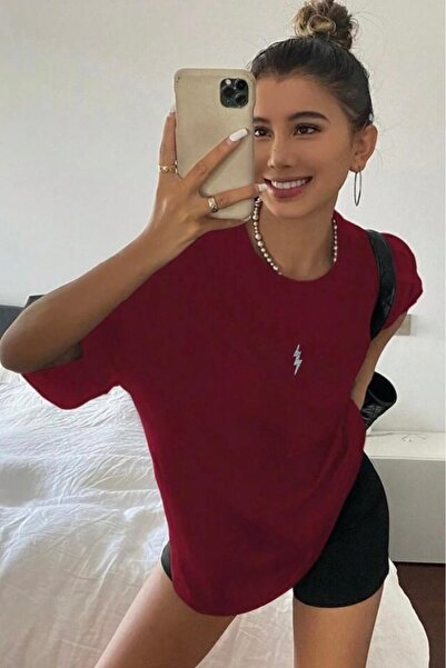 NO 601 Tricou de damă roșu Claret Lightning Glitter imprimat oversize Loose Fit