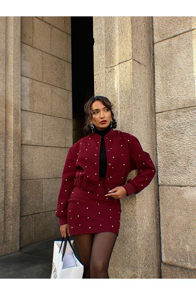 Miss Allos Women's Stone Detailed Snap Buttoned Stamp Coat