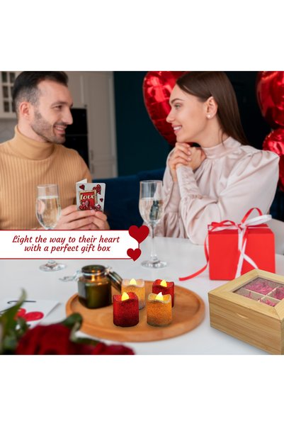 JINOU Artificial Candle Lights (4Pcs) in Bamboo Box – Valentine's Day Gift for Loved Ones