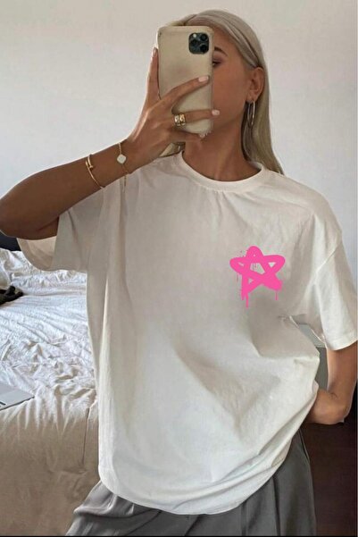 NO 601 Tricou de damă, alb, supradimensionat, cu stea roz, cu imprimeu liber