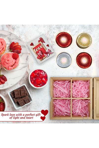 JINOU Artificial Candle Lights (4Pcs) in Bamboo Box – Valentine's Day Gift for Loved Ones