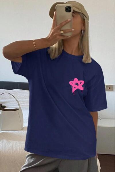 NO 601 Tricou de damă, albastru bleumarin, supradimensionat, roz Star Puff, c...