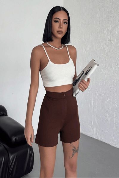 doremodam High Waist Stretchy Lycra Crepe Shorts - Offering Style and Comfort Together, Brown (Lisinya)