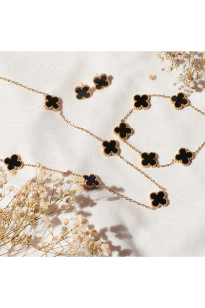 AURRARİ Altın Kaplama Siyah Kolye Bileklik Küpe Cleff Çelik Set