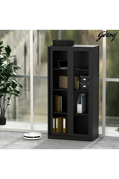Mahmayi Godrej Glass Sliding Door Steel Bookshelf with Adjustable Shelves Steel Black Finish