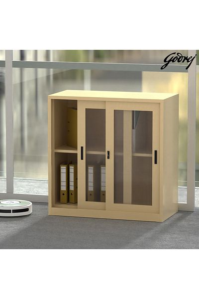 Mahmayi Godrej Low Height Glass Sliding Door Steel Bookshelf with Shelves Steel Beige