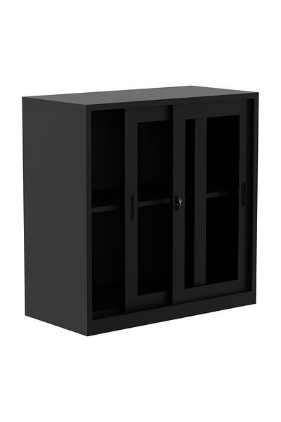 Mahmayi Godrej Low Height Glass Sliding Door Steel Bookshelf with Shelves Steel Black